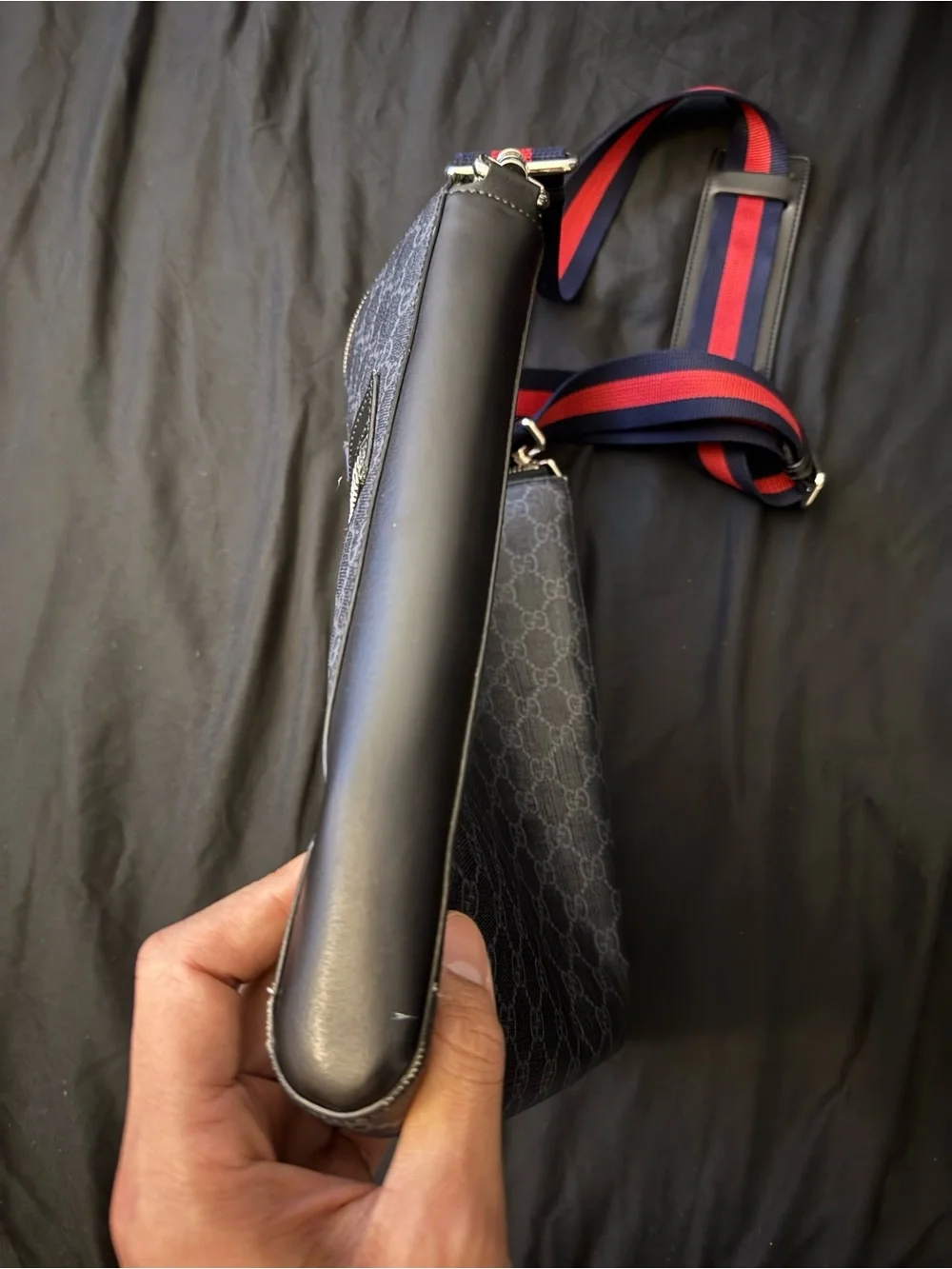 Gucci Black/Gray Monogram Messenger Bag with Red-Blue Web Strap